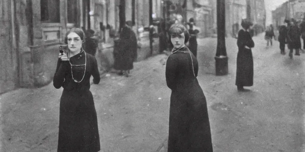 Image similar to a young woman with freckles looks deeply into the camera, 1920's london street, art nouveau, dark streets, grungy, style of Joel Meyerowitz, gustav klimpt, painterly