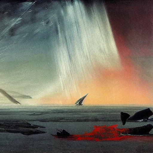Prompt: the epic abstract painting'blue arctic void with black and red aurora borealis above a pod of humpback whales ', by caspar david friedrich!!!, by rothko!!!, stunning masterpiece, trending on artstation