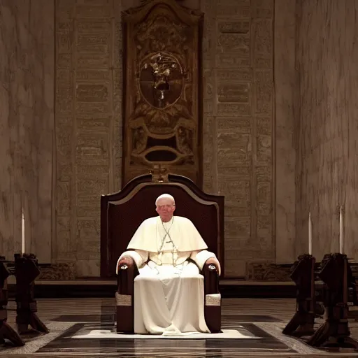 Prompt: sitting in big chair is pope benedict as chancelor palpatine in star wars episode 3, 8 k resolution, cinematic lighting, anatomically correct