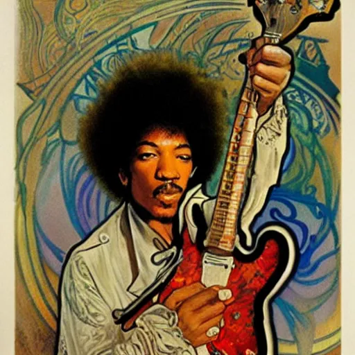 Image similar to Jimy Hendrix playing electric guitar by Alfons Mucha, masterpiece