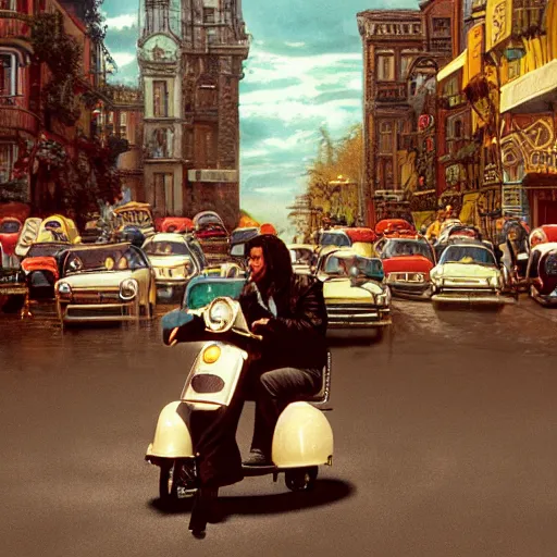 Prompt: a photo by ted nasmith and hans zatzka and quentin tarantino, a y 2 k aesthtic hip scooter messenger driving through a crowded city street