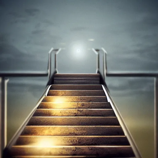 Image similar to stairs leading into the ocean at night, lit up by a single lamp post, dynamic lighting, photorealistic concept art, trending on art station, stunning visuals, creative, cinematic, ultra detailed