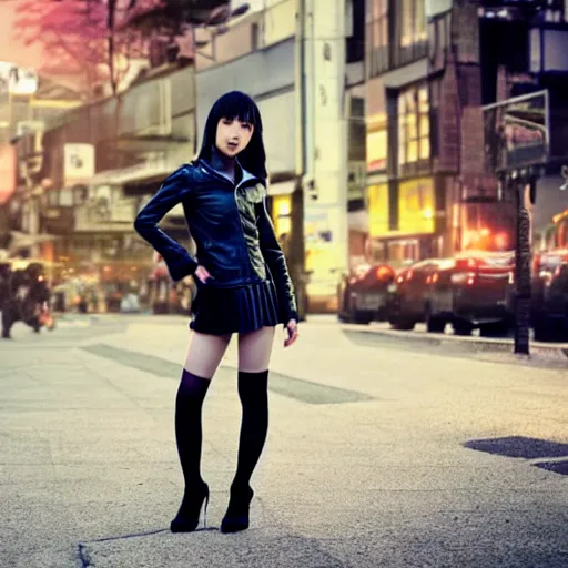 Image similar to a dynamic, epic cinematic 8K HD movie shot of a japanese young J-Pop idol girl wearing leather jacket, miniskirt, nylon tights and high heels boots. Motion, VFX, Inspirational arthouse