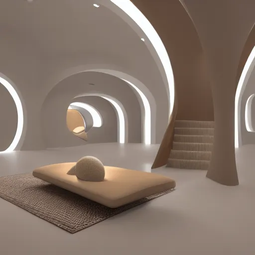 Prompt: 3d render of a liminal space beige and light brown and white colors, abstract interior design, stairs, modernistic, circle couches, rounded lamps, rounded off archways, small pools with no bottom, octane render, 8k