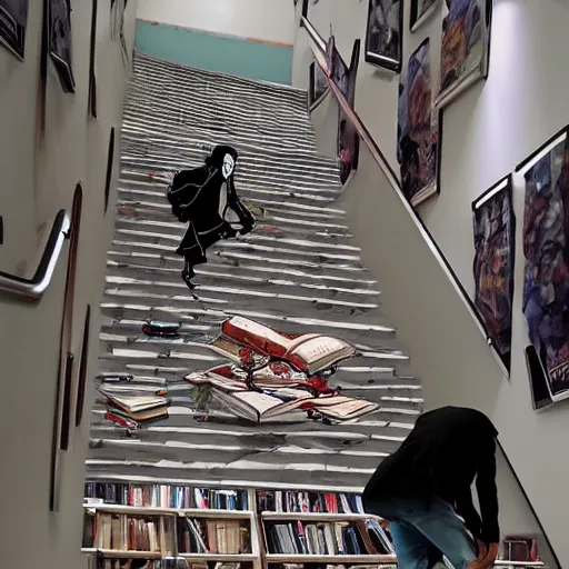 Image similar to a wizard running down a flight of stairs and dropping a bunch of books by Kim Jung gi