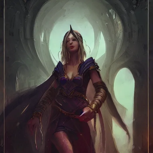 Prompt: A portrait of a female sorceress, Magic the Gathering art, art by greg rutkowski, matte painting, trending on artstation, very detailed