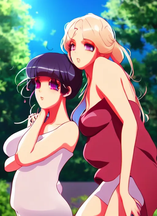 Image similar to two beautiful mothers outside on a hot summer evening, gorgeous faces, thick lines, cinematic lighting, detailed anime art