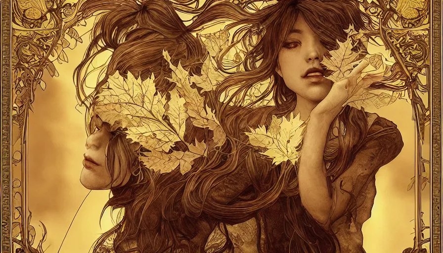 Prompt: golden leaves at frame border, creative!!! composition for a book cover!!!, absurdly beautiful, ultrafine hyperrealistic detailed old!! witch face by wlop and artgerm and alphonse mucha, intricate linework, sharp focus, smooth, octopath traveler, final fantasy, unreal engine, dramatic lighting, ethereal, 8 k
