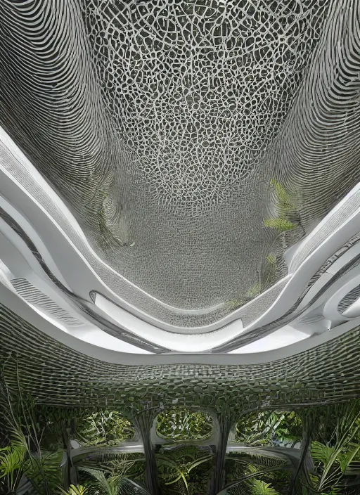 Image similar to a photo of a futuristic biomimicry oasis interior + the interior is elegant and made of a biomimicry nature with ornate patterns + photo taken on a misty morning + architectural photography, 8K, photorealistic