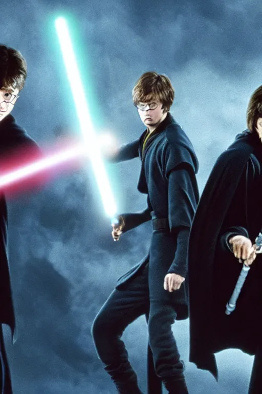 Prompt: Harry Potter fighting Voldermort with a lightsaber, Still from Star Wars,