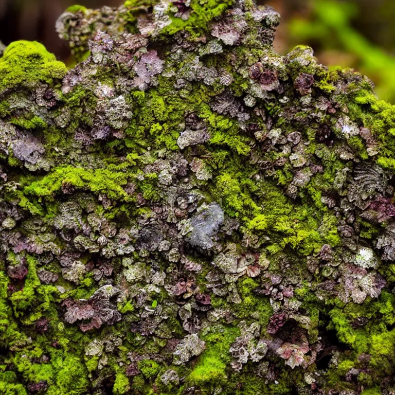 Image similar to a lichens and moss close-up various fungus, mushrooms and plants, Atmospheric phenomenon, artistic photography, muted colors, conceptual, long exposure outside the city