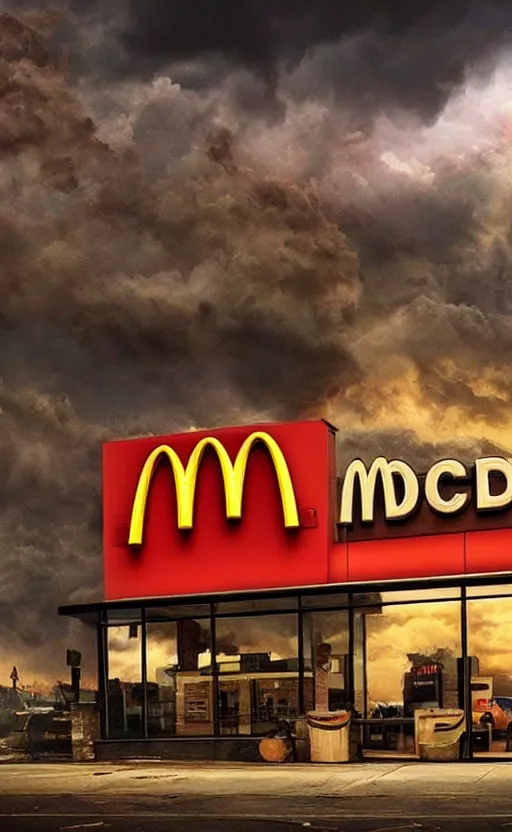 Image similar to beautiful epic photo of uk mcdonalds in an apocalypse. thunder, lightning, fantasy art, hd, hq. very detailed.