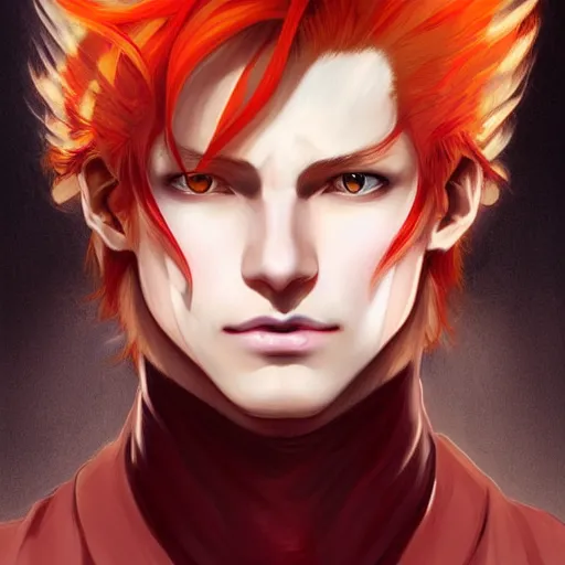 Prompt: portrait of hisoka morow hunter hunter, male, sharp jaw yellow eyes narrow eyes red hair crimson medium length hair swept back hair, anime, fantasy, intricate, elegant, highly detailed, digital painting, artstation, concept art, smooth, sharp focus, illustration, art by artgerm and greg rutkowski and alphonse mucha