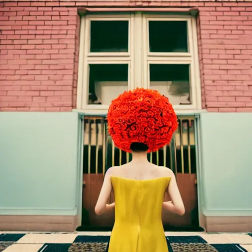 Image similar to giant flower head, frontal, girl standing in mid century hotel, surreal, symmetry, bright colors, cinematic, wes anderson