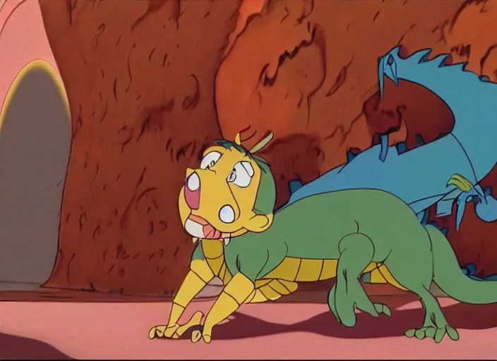 Prompt: a film still from the animation the lazy dragon ( 1 9 8 0 ) directed by walt disney, oscar winning animation, award winning