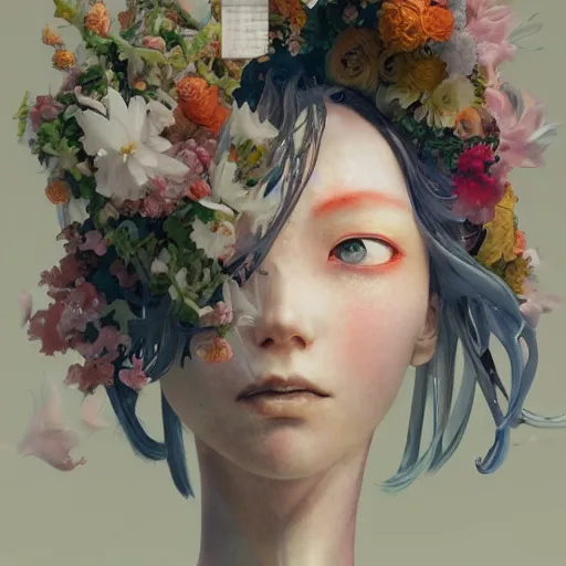 Image similar to surreal gouache painting, by yoshitaka amano, by ruan jia, by conrad roset, by good smile company, detailed anime 3 d render of a female mechanical android head with flowers growing out, portrait, cgsociety, artstation, rococo mechanical costume and grand headpiece, dieselpunk atmosphere