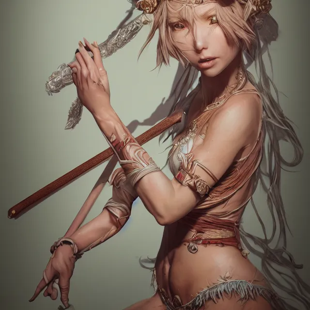 Image similar to studio portrait of neutral good colorful female cleric bard healer as absurdly beautiful, elegant, young sensual swimsuit model, ultrafine hyperrealistic detailed face illustration by kim jung gi, irakli nadar, intricate linework, sharp focus, bright colors, matte, octopath traveler, final fantasy, unreal engine highly rendered, global illumination, radiant light, intricate environment