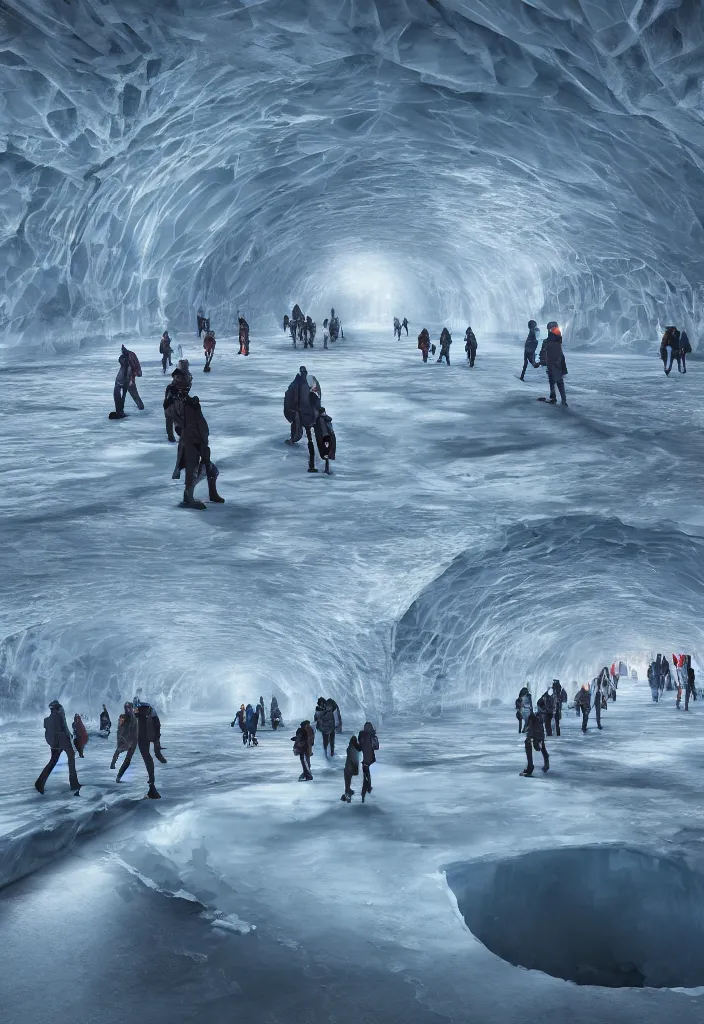 Image similar to Multiple connecting tunnels in antartica bellow thin ice, multiple people moving around the tunnels, facinating and imposing, fantasy digital art, octane render, beautiful composition, trending on artstation, award-winning photograph, masterpiece