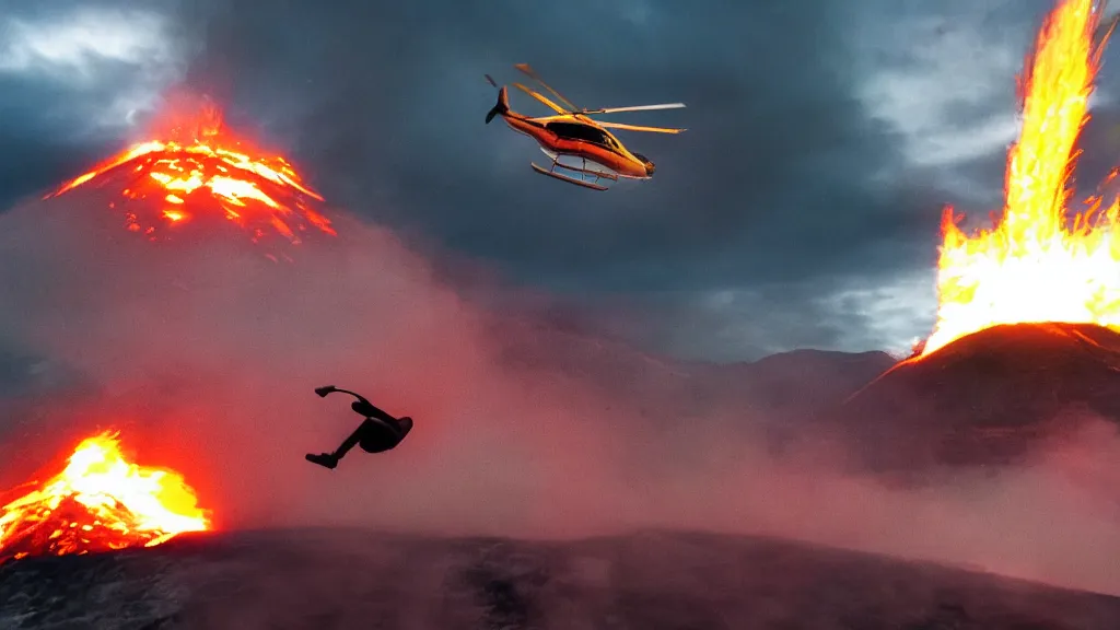 Image similar to person wearing a sponsored team jersey with logos jumping out of a helicopter with a surfboard into a volcano, action shot, dystopian, thick black smoke and fire, sharp focus