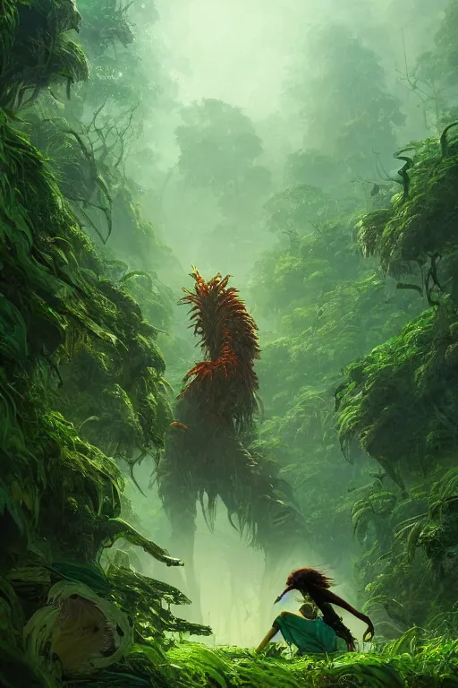 Prompt: a highly detailed painting of a giant creature lurking over a beautiful woman in a verdant jungle, cinematic lighting, dramatic atmosphere, by dustin nguyen, akihiko yoshida, greg tocchini, greg rutkowski, cliff chiang, 4 k resolution, luminous grassy background