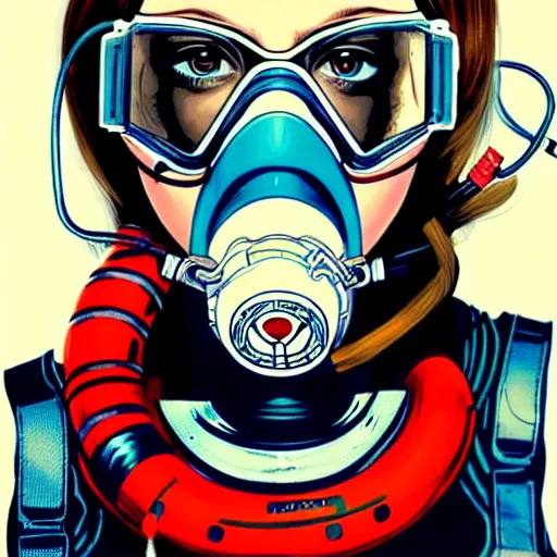 Image similar to portrait of a female diver with a oxygen mask intricate details mask by MARVEL comics and Sandra Chevrier