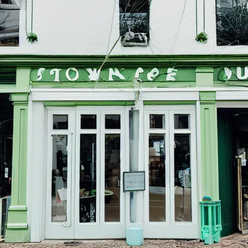 Image similar to A photo of a quaint flower shop storefront with a pastel green and clean white facade and open door and big window