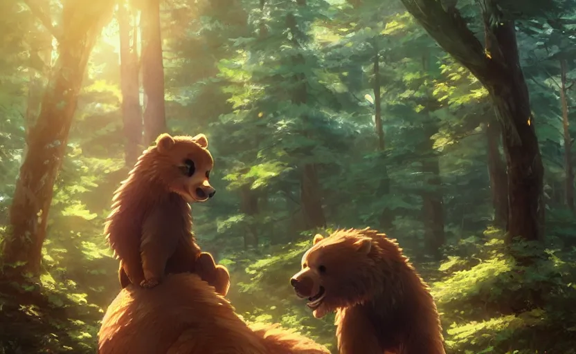 Image similar to anime scene of a girl riding a grizzly bear in the woods, full shot, atmospheric lighting, detailed faces, by makoto shinkai, stanley artgerm lau, wlop, rossdraws