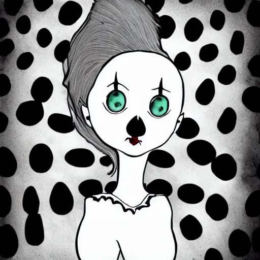 Image similar to clown girl in the style of Tim Burton, black and white