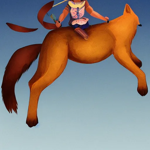 Image similar to a female child warrior holding a spear and riding a giant fox into war, digital art, concept