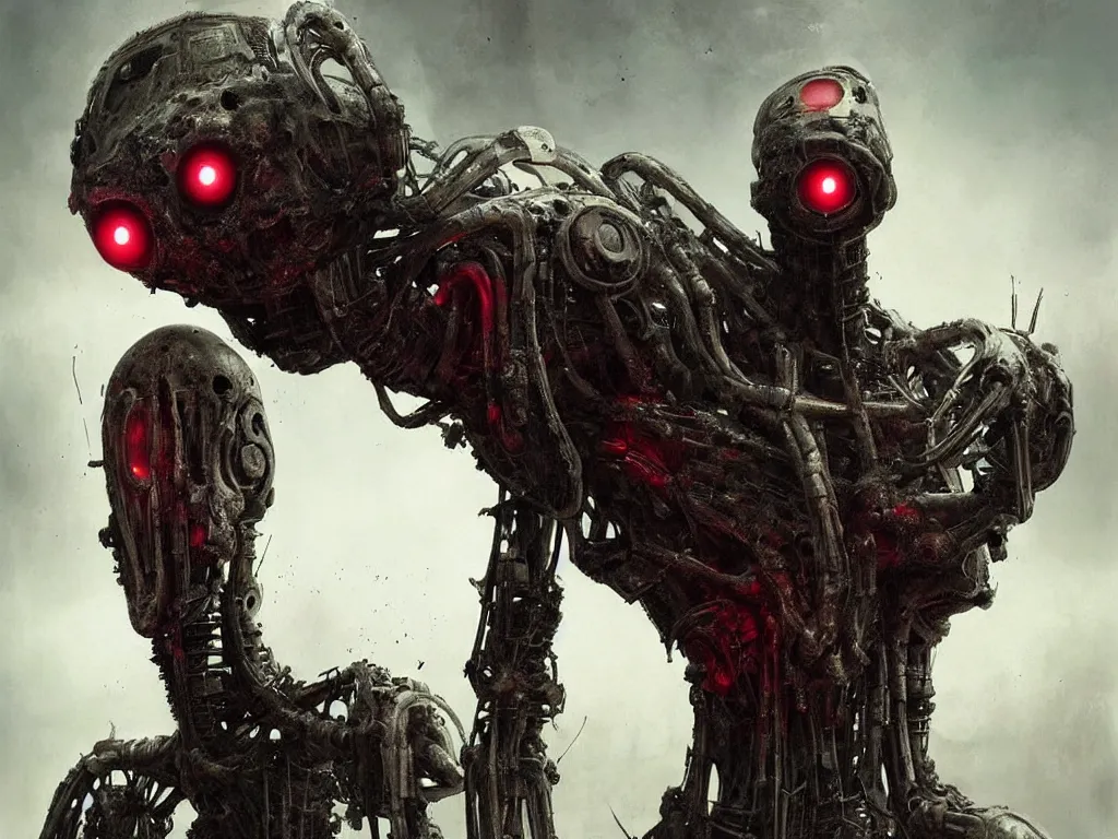 Prompt: an uncanny and sinister robot with red eyes and organic matter all over its body, by Greg Rutkowski and HR Giger, cinematic, horror, sci-fi, sharp focus, highly detailed