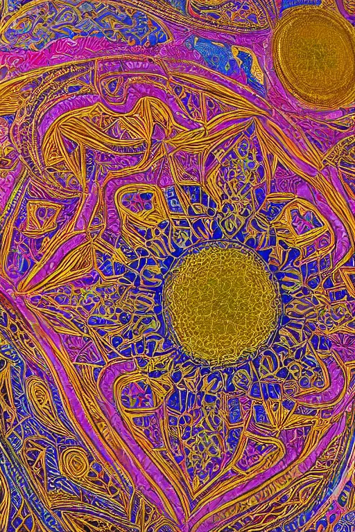 Image similar to hyper-detailed maximalist abstract islamic art, 8k, 3d, ochre colour pallet