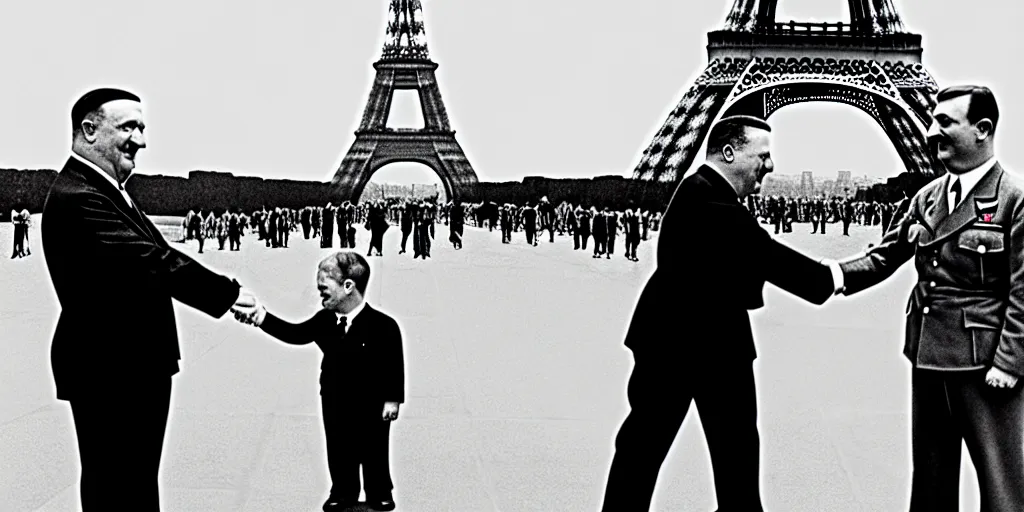 Prompt: minion shaking adolf hitlers hand in front of the eiffel tower, black and white, hyper realistic, award winning photo