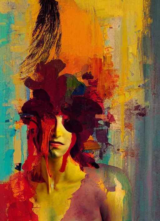 Image similar to a beautiful glitched painting by christian hook and alex kanevsky of a woman in a bathroom, still life, warm colors