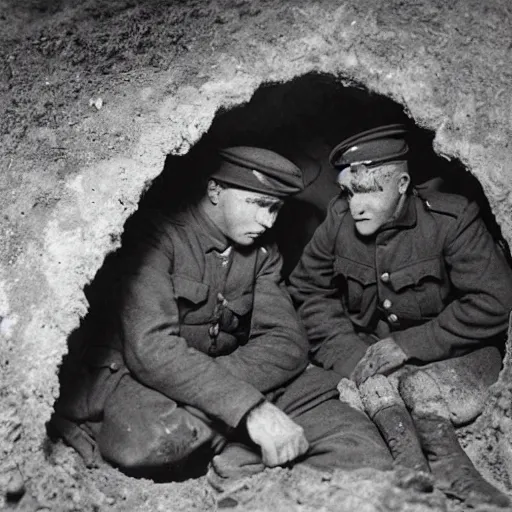 Prompt: 1910s black and white photograph of two world war one soldiers huddled in a bunker together, WWI, black and white