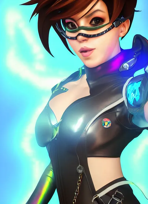 Image similar to portrait bust digital artwork of tracer overwatch, wearing iridescent rainbow latex and leather straps catsuit outfit, in style of mark arian, angel wings, wearing detailed leather collar, chains, black leather harness, detailed face and eyes,