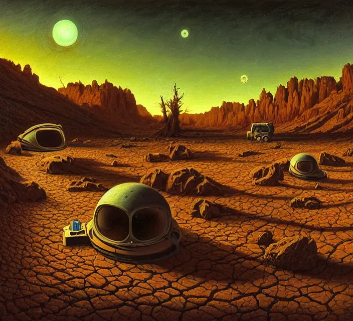 Prompt: the 👽 crash site at a dry river bed in a barren 🏜 by ivan shishkin and zacharias aagaard and simon stalenhag and josan gonzalez and escher, chiaroscuro, tonalism, sfumato, high saturation, high contrast, vibrant, retrowave