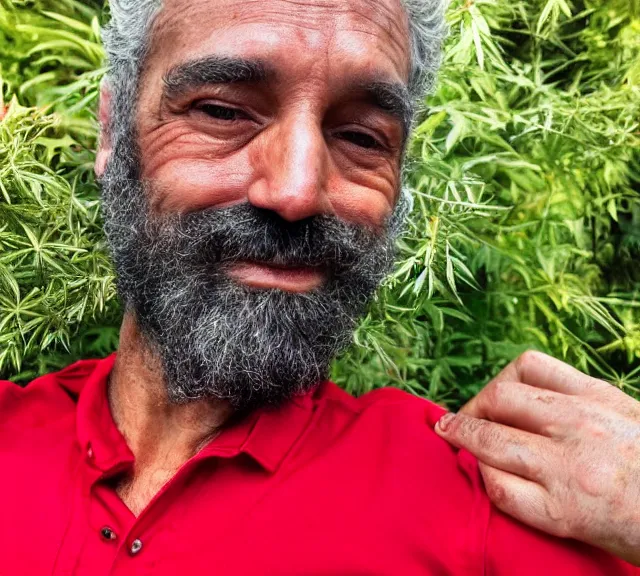 Image similar to mr robert smoke weed and meditate in the garden, he has dark grey hairs, detailed glad face, muscular chest, pregnant belly, golden hour closeup photo, red elegant shirt, eyes wide open, ymmm and that smell