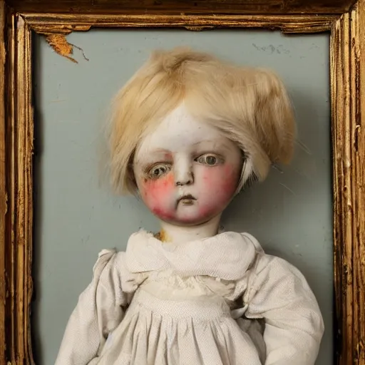 Image similar to A sweet, sad, beautifully shabby antique composition baby doll. She has unusually expressive tin litho sleep eyes, that look as if they’ve seen a world of melancholy.