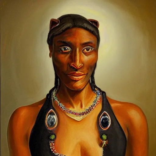 Image similar to a portrait of a humanoid black puma wearing a tank top and a necklace with a glowing stone, painting by Malevitch