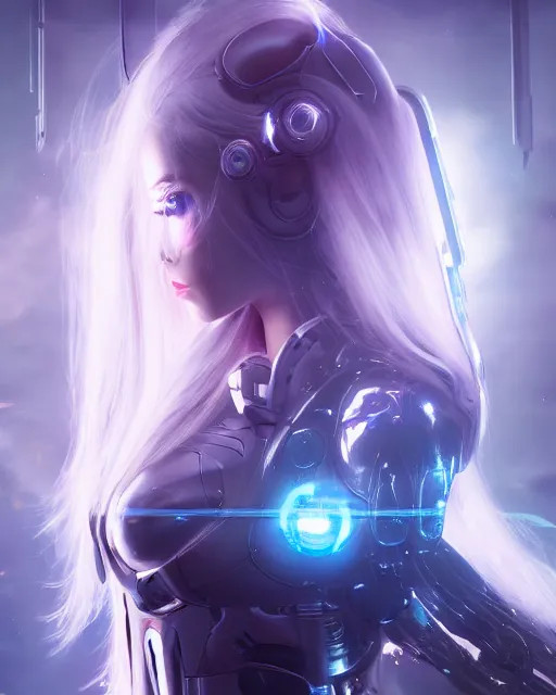 Image similar to perfect android girl on a mothership, warframe armor, beautiful face, scifi, futuristic, galaxy, nebula, raytracing, dreamy, long white hair, blue cyborg eyes, sharp focus, cinematic lighting, highly detailed, artstation, divine, by gauthier leblanc, kazuya takahashi, huifeng huang