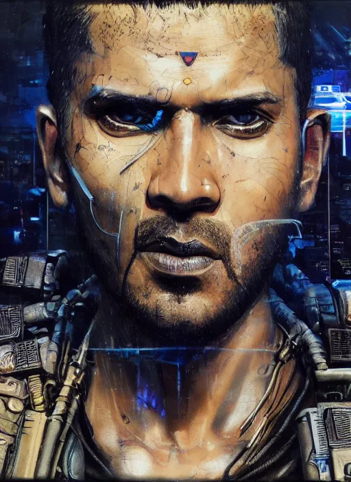 Image similar to cyberpunk military indian man ( blade runner 2 0 4 9, dystopian, cyberpunk 2 0 7 7 character design ), advanced warfare, attractive face. portrait by james gurney and laurie greasley and yoji shinkawa, oil on canvas. cinematic composition, hyper realism, realistic proportions, anatomy, dramatic lighting, photorealistic, high detail, 4 k