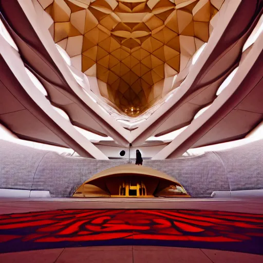 Image similar to interior of a futuristic lotus temple with gold, red and white marble panels, in the desert, by buckminster fuller and syd mead, intricate contemporary architecture, photo journalism, photography, cinematic, national geographic photoshoot