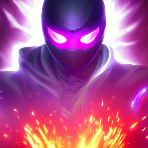 Image similar to ninja surrounded by purple aura, glowing red eyes, full body shot, menacing, stylized, octane render, artstation, digital art, digital painting, devian art