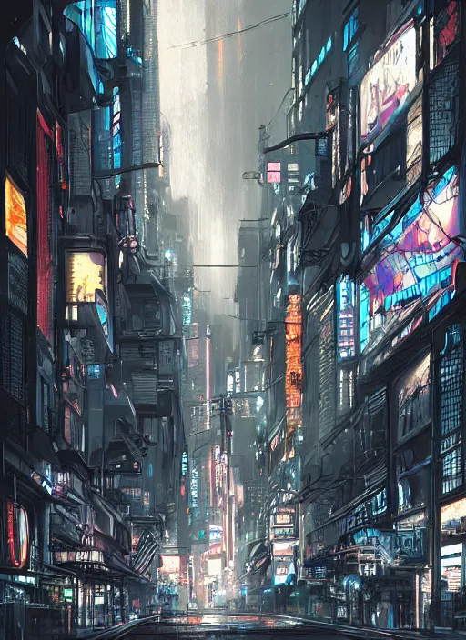 Image similar to sci-fi cyberpunk city street, billboards, neon holograms, neon signs, rainy night, dramatic lighting, cinematic, establishing shot, extremely high detail, foto realistic, cinematic lighting, pen and ink, intricate line drawings, post processed, concept art, artstation, matte painting, style by Raphael Lacoste, Eddie Mendoza ,