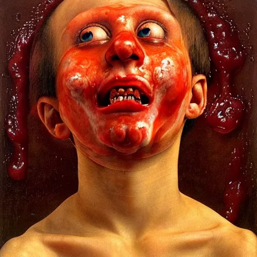 Image similar to a boy sitting in a bathtub full of tomato sauce, looking straight into camera, screaming in pain, by giuseppe arcimboldo and ambrosius benson, renaissance, fruit, intricate and intense oil paint, a touch of beksinski and hr giger, realistic