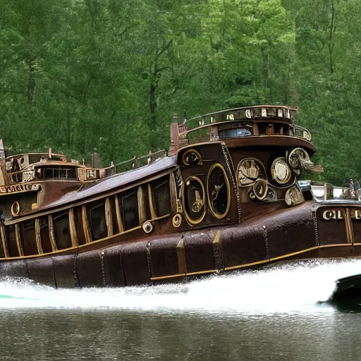 Image similar to a steampunk boat chugging down a river