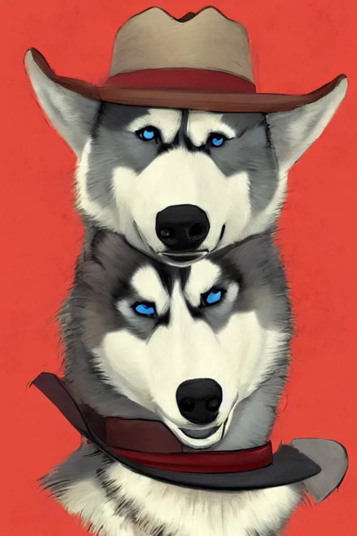 Prompt: a portrait painting of a husky in cowboy costume, wearing a cowboy hat, by studio ghibli, in the style of anime, [ red dead ], [ western film ], humanoid, personify, anthropomorphic, trending on artstation