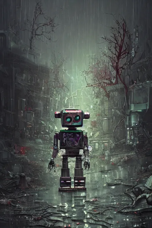 Prompt: broken robot in dirty torn tatters conjures zombie summoning magic, night, rain, moonlight, graveyard, highly detailed, digital painting, artstation, sharp focus, illustration,