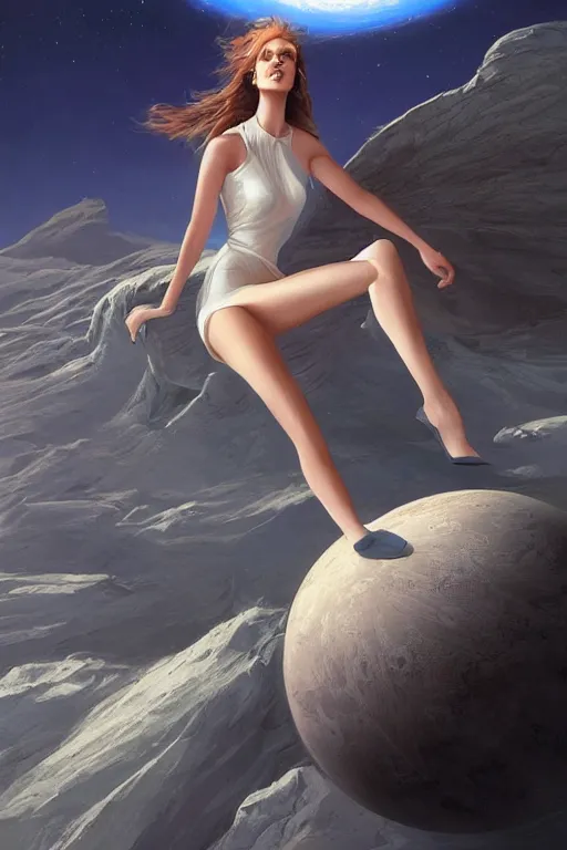 Prompt: Beautiful Supermodel sitting on the moon with a view of the earth in the background, elegant, digital painting, highly detailed, artstation, concept art, smooth, sharp focus, illustration, art by artgerm and greg rutkowski.