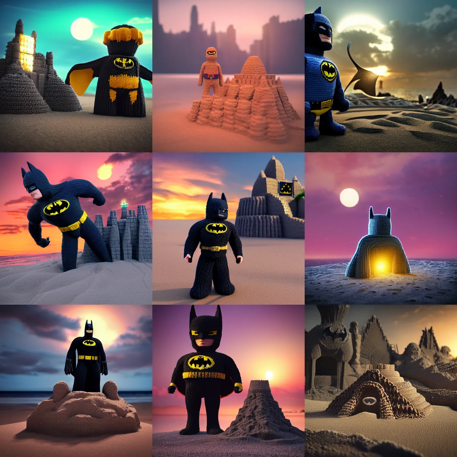 Prompt: a large knitted batman guarding his batcave sandcastle during sunset at the beach Trending on artstation, featured on Behance, well-rendered, Unreal Engine, 4K HD